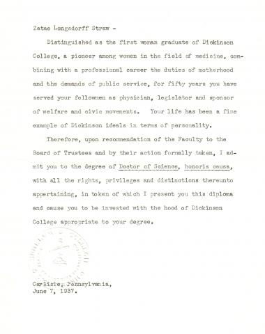 Zatae Longsdorff Recieves an Honorary Degree from Dickinson College, 1937