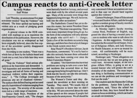 Stop The Violence: "Campus reacts to anti-Greek letter"