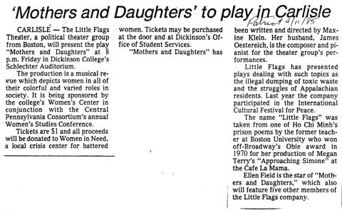 1985 'Mothers and Daughters' Performance announced in Harrisburg Patriot
