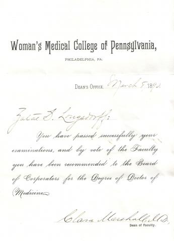 Zatae Longsdorff Earns her Degree from the Woman's Medical College of Pennsylvania