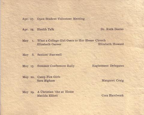 "Topics of the Y.W.C.A. of Dickinson College Winter and Spring Terms"