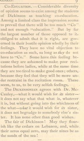 The Dickinsonian Addresses the Controversy surrounding Coeducation in the fall of 1884