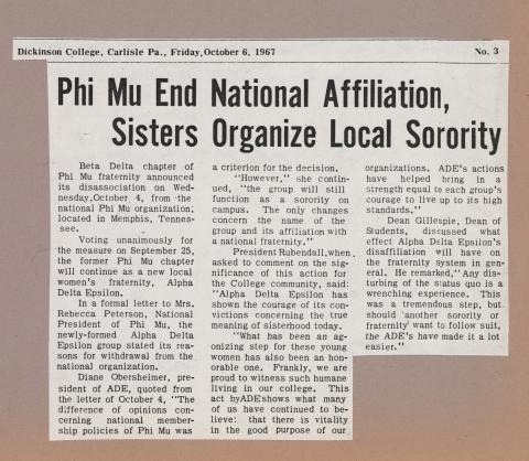 "Phi Mu End National Affiliation, Sisters Organize Local Sorority"