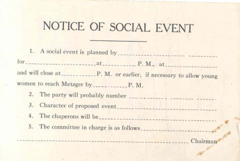 "Notice of Social Event" Form for Metzger Hall
