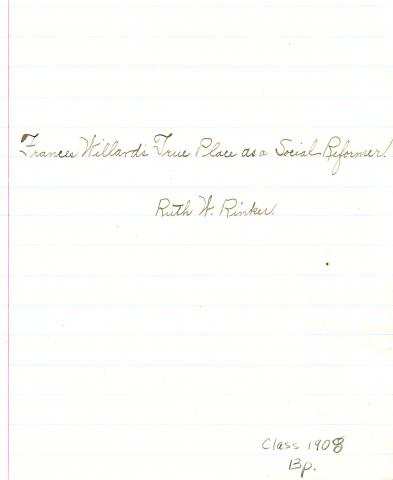 Ruth W. Rinker's Essay "Frances Willard's True Place as Social Reformer"