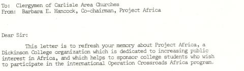 Prioject Africa Participant Writes to Carlisle Area Churches for Support