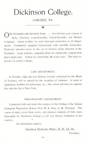 Advertisement for Dickinson College in the 1890 Microcosm