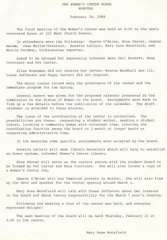 The Women's Center Board Minutes from February 1984