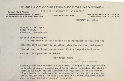 Letter from the Bureau of Occupations for Trained Women