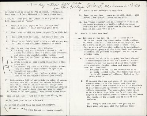 Dean of Women's Notes for Orientation Speech, 1969
